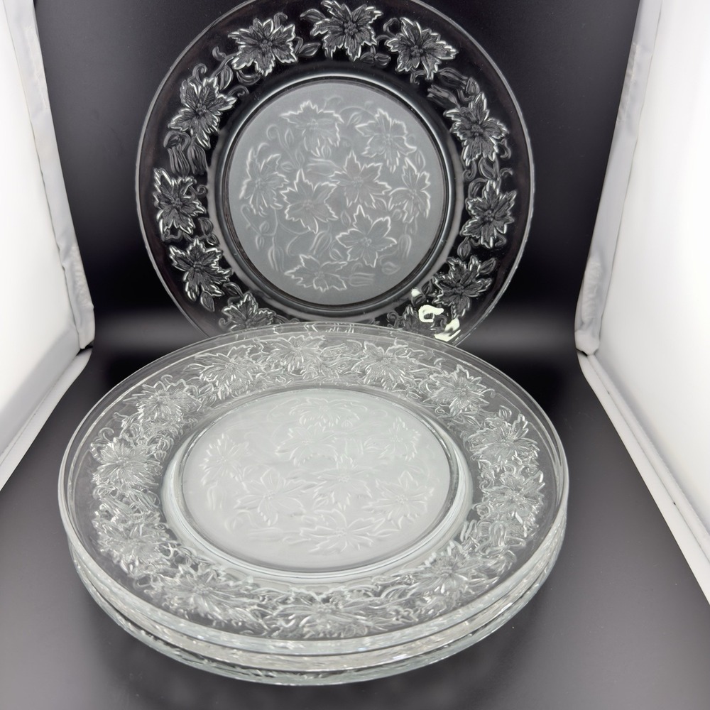 (4) Vtg Princess House Fantasia 10" Clear Crystal Dinner Plate Frosted Floral
